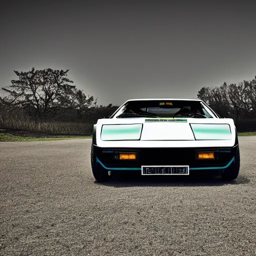 Image similar to detomaso pantera, night, headlights are on, professional photography, vaporwave