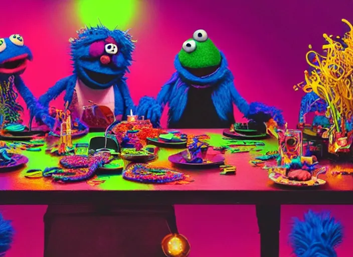 Prompt: 8k hyper realistic detailed image, swirl, unholy Cookie Monster rites in a coven of Muppets, Black Frank the goat and neon pentagram in the center of a table, rich deep colors, neon colors, caustic light, iridescent light, cinematic shot by Alfonso Cuaron, part by Gaspar Noe, part by Stanley Kubrick, ultra detailed