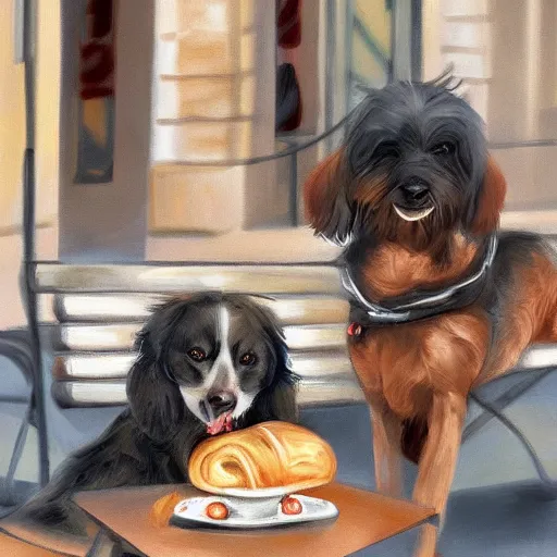 Prompt: dog eating croissants in paris, artstation