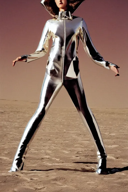 Image similar to portrait davis taylor brown dressed in 1 9 8 1 space fantasy fashion, avante garde, shiny metal, standing in a desert