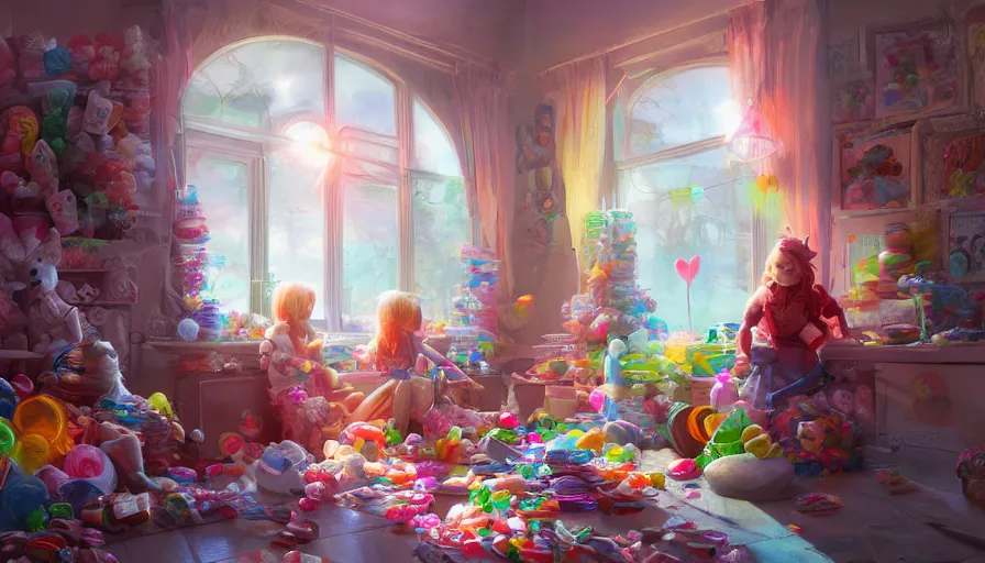 Prompt: house full of candies and lollipop, sunrise light through windows, hyperdetailed, artstation, cgsociety, 8 k