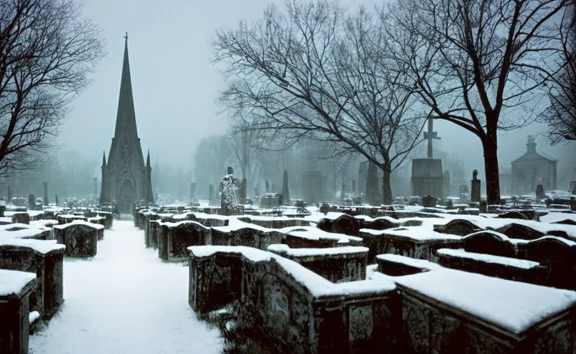 Image similar to inside a snowy graveyard with candles with 18th century gothic church in the background cold and sad in the shining by stanley kubrick, shot by 35mm film color photography