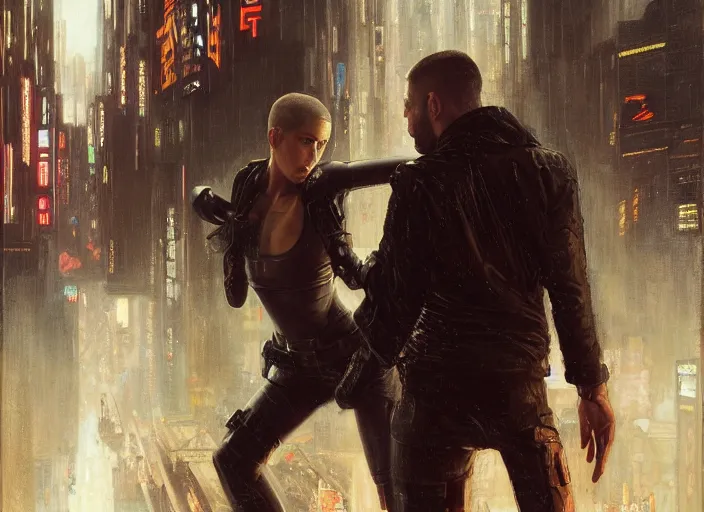 Image similar to blade runner fighting android replicants ( blade runner 2 0 4 9, cyberpunk 2 0 7 7 character design ). orientalist portrait by john william waterhouse and james gurney and theodore ralli and nasreddine dinet, oil on canvas. cinematic, hyper realism, realistic proportions, dramatic lighting, high detail 4 k