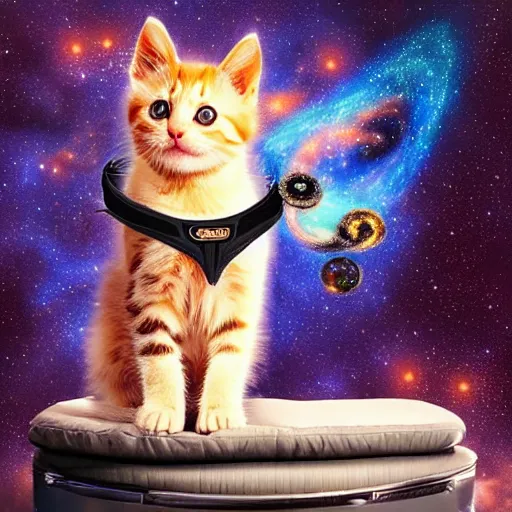 Image similar to a kitten wearing a cape floating through space surrounded by floating recliner chairs, galaxies, dramatic lighting, stars, suns, spirals