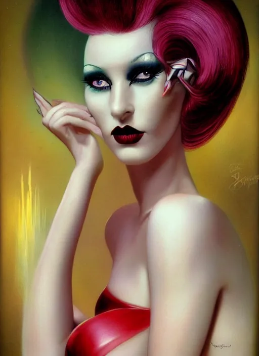 Image similar to an 8 0 s portrait of a woman with dark eye - shadow and red lips with dark slicked back hair dreaming acid - fueled hallucinations by serge lutens, rolf armstrong, delphin enjolras, peter elson