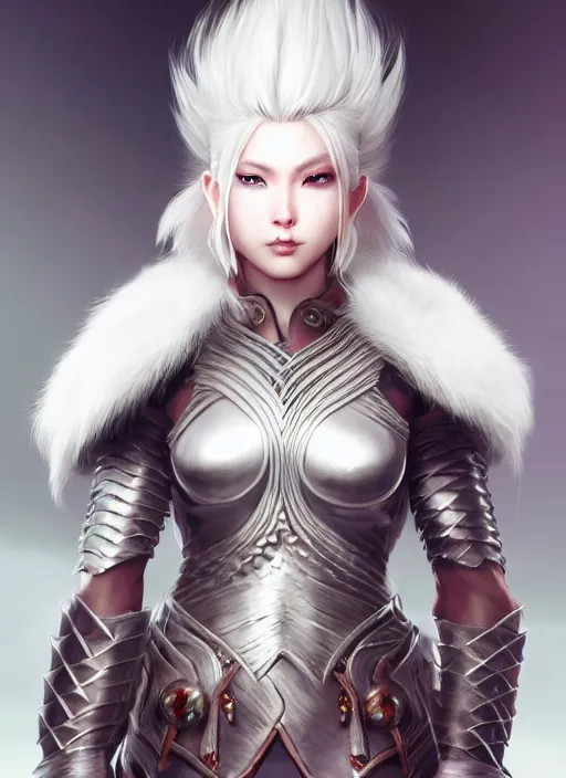 Image similar to warrior, fur leather armor!!! beautiful and elegant white hair female!! gorgeous ayes!! character concept art, sharp focus, octane render! unreal engine 5! highly rendered!! trending on artstation!! detailed linework!! illustration by artgerm, wlop, and chie yoshii