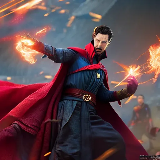 Image similar to Action sequence still of Doctor Strange and Scarlet Witch on the battlefield, fighting, Trending on artstation, photorealistic image, photorealistic imagery, 4k, 8k, movie still, action still