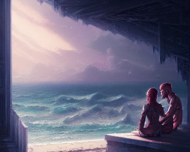 Image similar to couple sitting in front of the ocean, detailed intricate illustration, dark atmosphere, detailed illustration, hd, 4 k, digital art, overdetailed art, by greg rutkowski, by loish, complementing colors, trending on artstation, deviantart