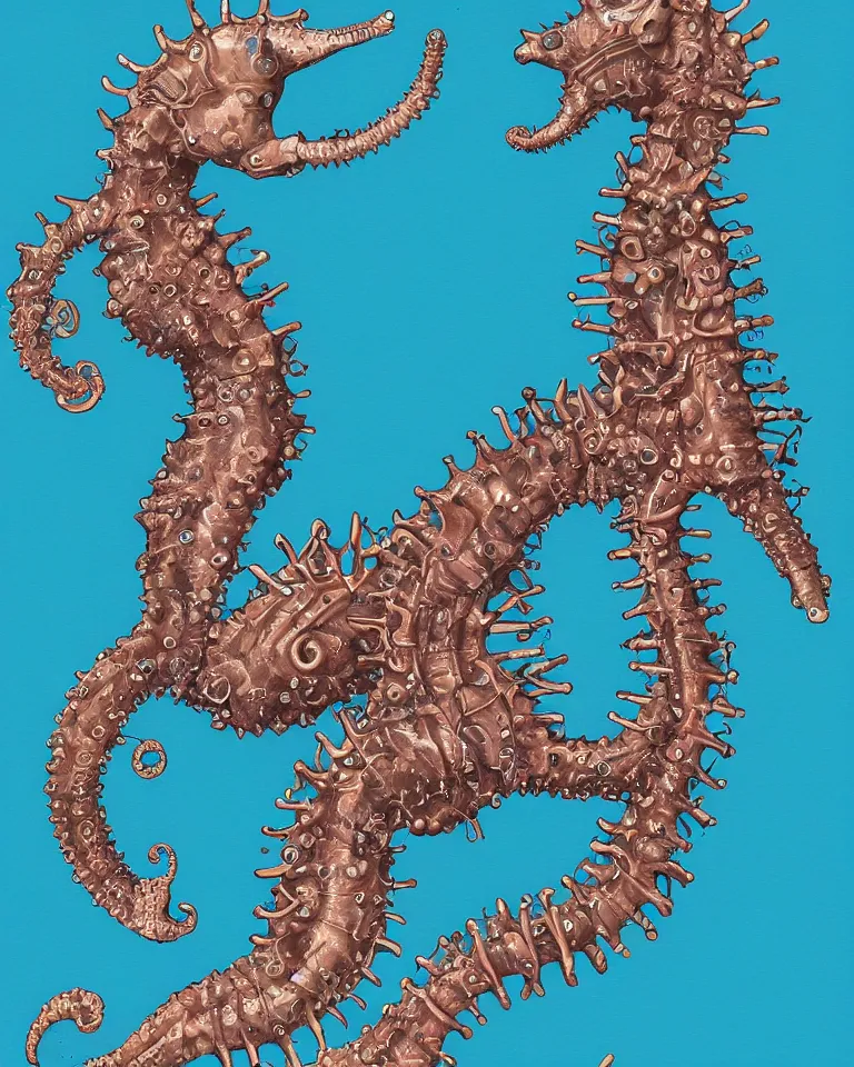 Image similar to a detailed scientific anatomical illustration of a cybernetic seahorse.