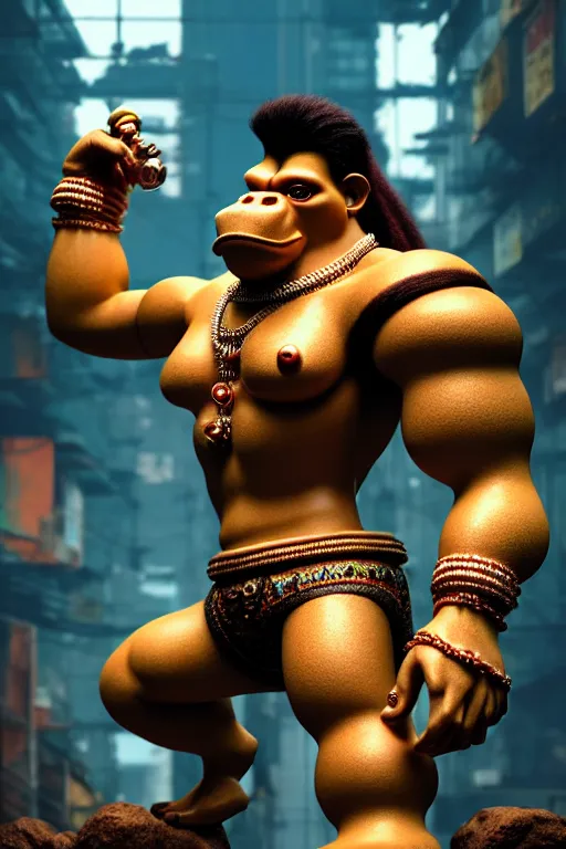 Image similar to high quality 3 d render post - rococo cyberpunk hanuman! head morning mumbai, madhubani, highly detailed, cinematic smooth unreal engine, lee madgwick & liam wong, dramatic light, long shot, low angle, uhd 8 k, sharp focus