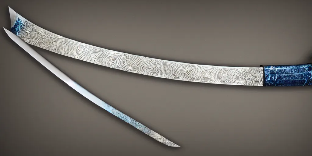 Image similar to Full Katana with Water Blade made only out of flowing and only Water, artstyle from Rzky Dar, the blade is made out of steel with a dragon sigil, a water stream goes like spiral around the blade, white background, raytracing,