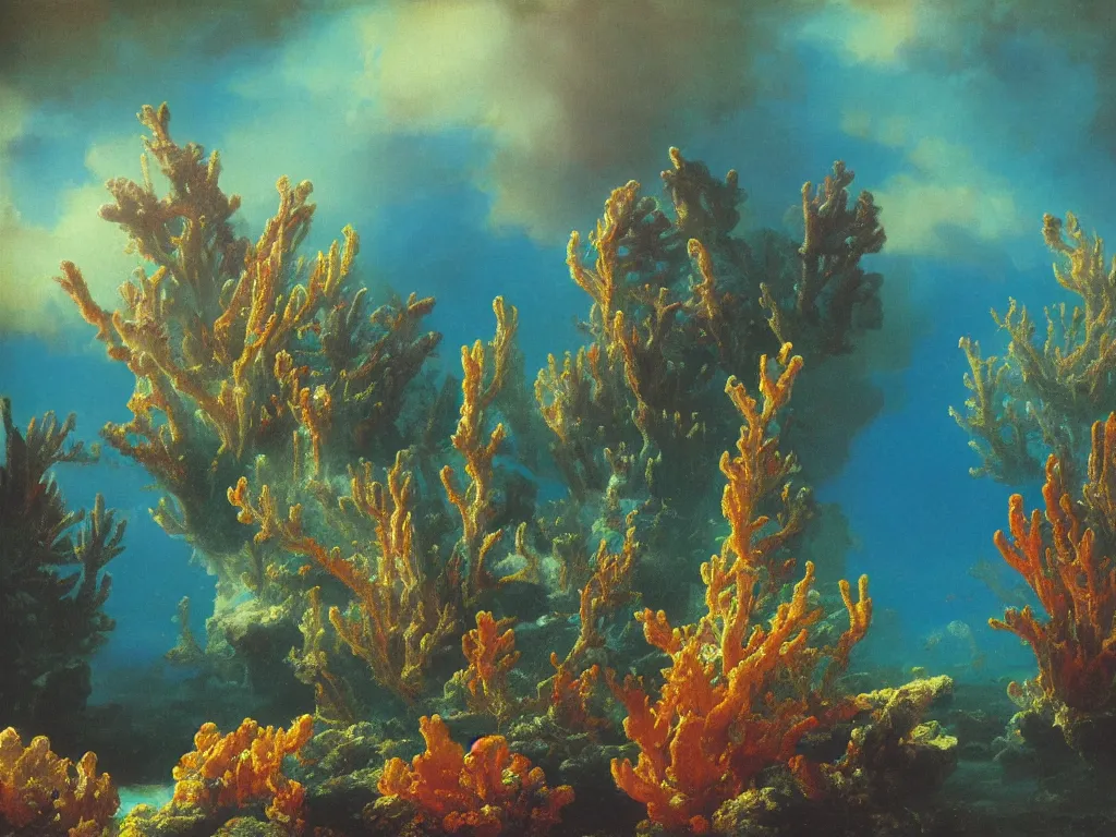 Prompt: Beautiful 1976 psychedelic textbook illustration of underwater coral reef seascape by Ivan Aivazovsky and Jan Davidsz de Heem , highly detailed, 8k