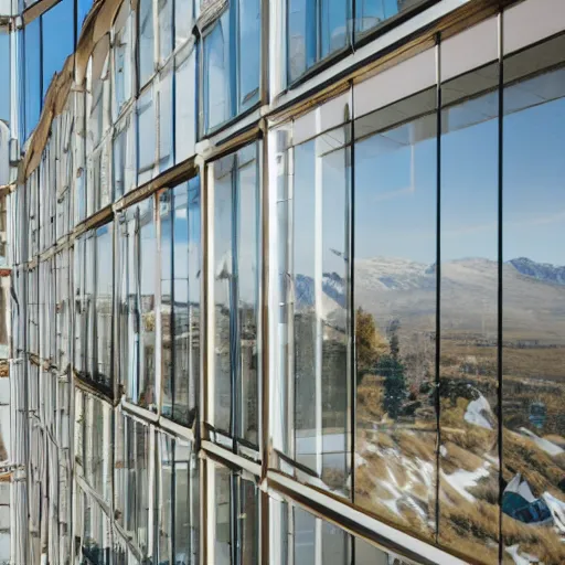 Prompt: Interior of a building with large windows in which you can see snow-capped mountains, highly detailed, sharp focus