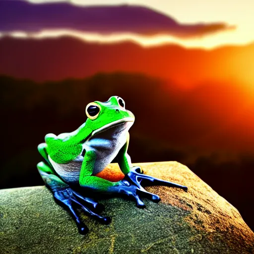 Prompt: king frog on a throne in beautiful mountains watching a sunset, photorealistic award winning