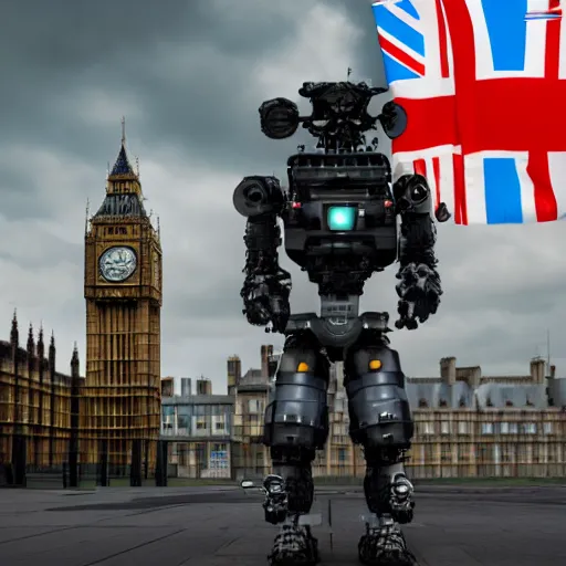 Image similar to the queen of england in a mech suit preparing to fight Boris Johnson outside parliament. octane render. concept art