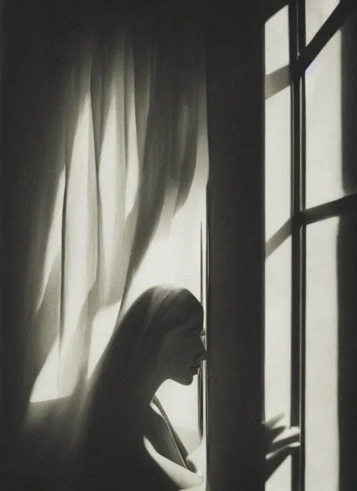 Image similar to a woman looking out a window in the afternoon, flash polaroid photo by george hurrell, hazy light rays, golden hour