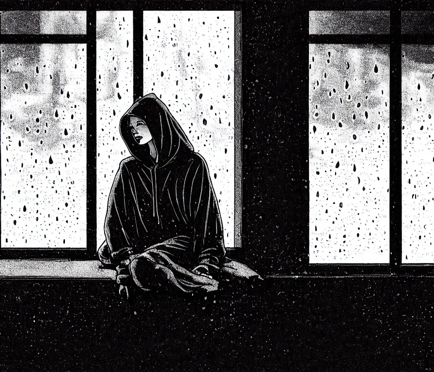 Image similar to sadie sink in hoodie sits on windowsill, knees tucked in | rain falls at night : storyboard, scifi cyberpunk. by gabriel hardman, joe alves, j. todd anderson, chris bonura. cinematic atmosphere, detailed and intricate, perfect anatomy