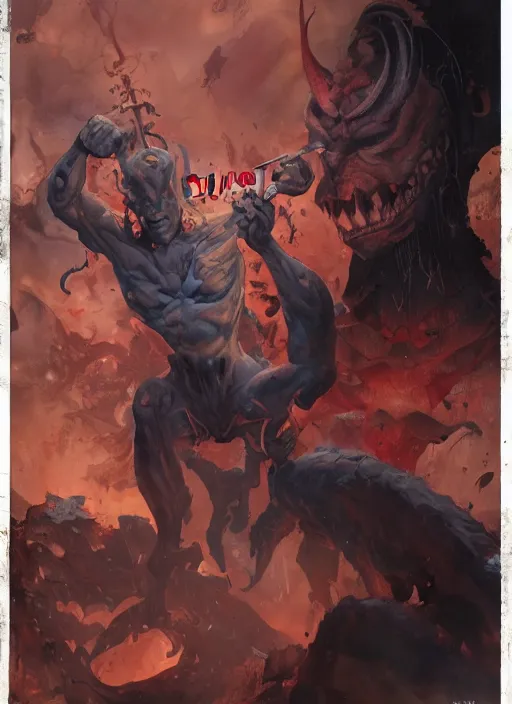 Image similar to demon holding a sign with the word ALEX written on it by artgerm and Craig Mullins, James Jean, Andrey Ryabovichev, Mark Simonetti and Peter Morbacher 16k