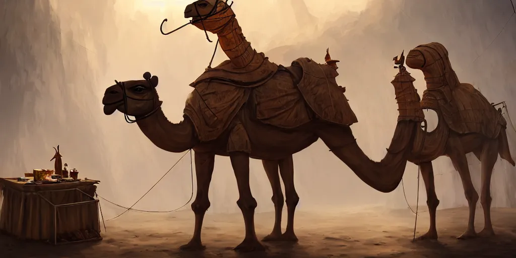 Image similar to a camel - like anthropomorphic merchant trader in a tent, chrome mechas, matte oil painting, retrofuturistic, concept art, science fantasy, mutant, lgbt, queer, rpg, epic, rusted, white salt, badlands, jungles, dungeons & dragons, sacred, sharp focus, award - winning, extremely detailed, 4 k, 8 k