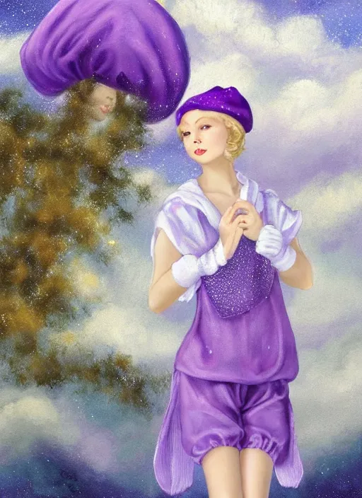 Image similar to A painting of a beautiful and mysterious young girl with short blond hair wearing an oversized purple Beret, Baggy Purple overall shorts, Short Puffy pants made of silk, silk shoes, a big billowy scarf, Golden Ribbon, and white leggings Covered in stars. Short Hair. Sunlit. Haute Couture. Dreamlike. Cloudscape. Fantasy Illustration. Art by william-adolphe bouguereau and Alexandre Cabanel and Anna Dittmann and WLOP and Artgerm and Johannes Helgeson. Smooth. Elegant. Highly Detailed. Intricate. Realistic fantasy illustration. 4K. UHD. Denoise.