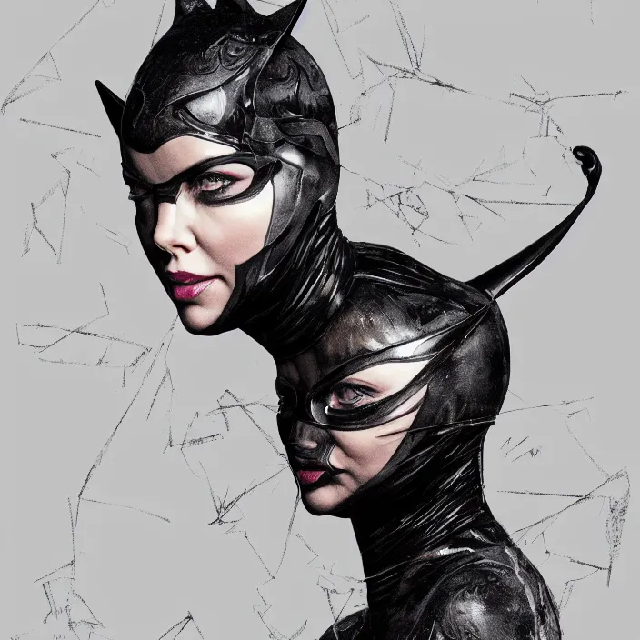 Prompt: portrait of charlize theron as a catwoman 1 9 8 9. intricate abstract. intricate artwork. by tooth wu, wlop, beeple, dan mumford. octane render, trending on artstation, greg rutkowski very coherent symmetrical artwork. cinematic, hyper realism, high detail, octane render, 8 k, iridescent accents