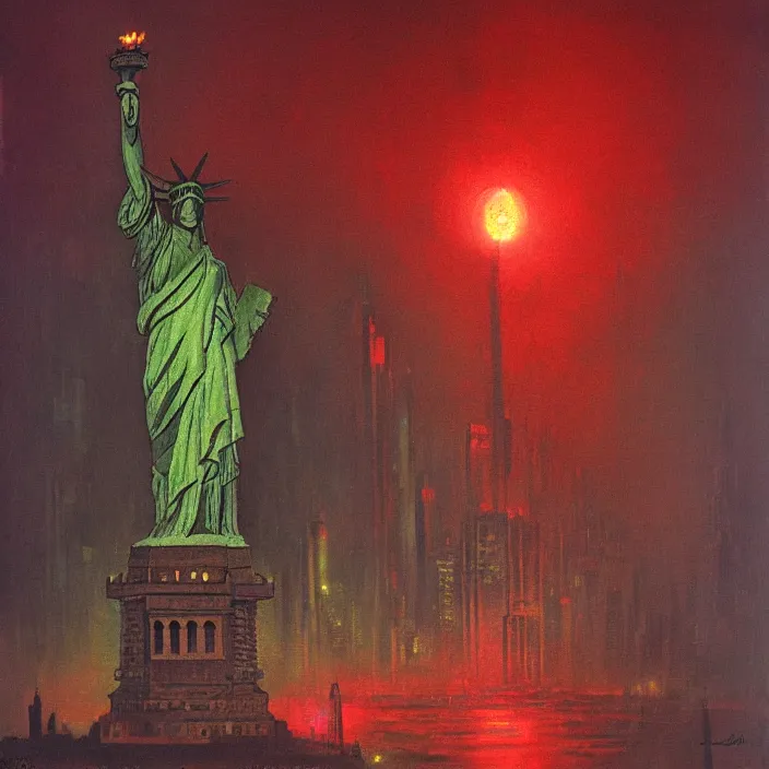 Prompt: statue of liberty in underground city, red and purple palette, volume light, fog, by ( h. r. giger ) and paul lehr