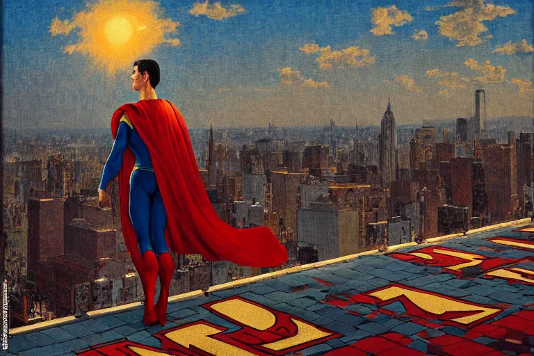 Image similar to painting of superman, in a rooftop, watching new york, beautiful, sunset, romantic, by ludwig deutsch and maxfield parrish, patterned tilework, extremely detailed, cinematic lighting, smooth sharp focus