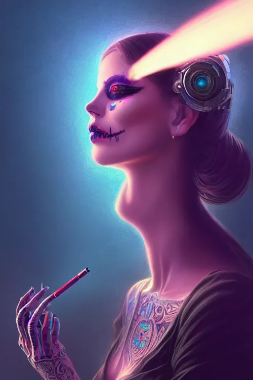 Image similar to ultra detailed, beautiful female android smoking a cigarette, scifi, fantasy, ( dia de los muertos ), triadic color scheme, intricate detailed, octane render, concept art. smoke, calm, noir. art by godmachine and michael welan and rossdraws and artgerm and greg rutkowski and wlop. 8 k, hdr