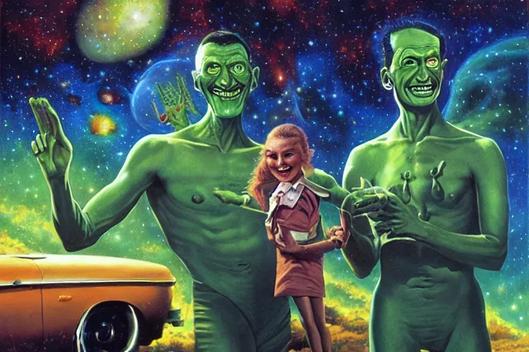 Prompt: a picture of a happy subgenius salesman and sexy green alien reclined in front of a nebula, a detailed matte painting by mort kunstler, pixiv, kitsch movement, hellish background, movie poster, official art