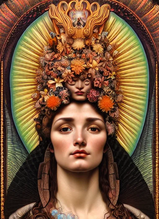 Prompt: hyperrealistic detailed face portrait of the beautiful goddess of the vulcanos with an intricate headgear of a beautiful erupting vulcano with landscape, art by ernst haeckel, john william godward, android jones, alphonso mucha, h. r. giger, gothic - cyberpunk, ornamental, dimmed pastel colours,