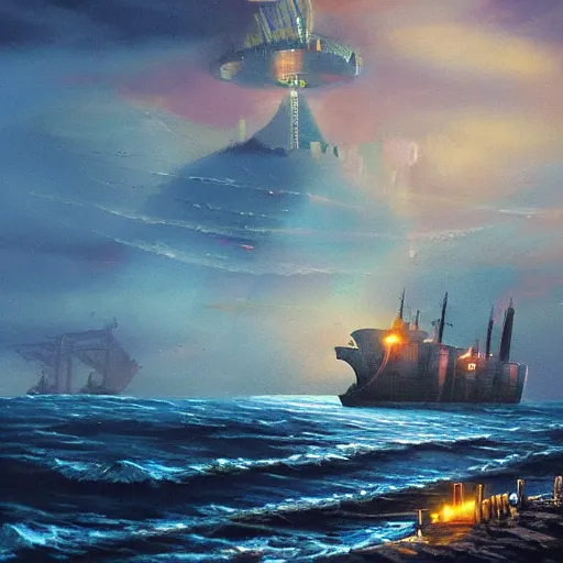 Prompt: a ship off the shore of a beautiful coast with a distant ominous biopunk tower filled with evil technology glowing in the distance, painting by John Berkley