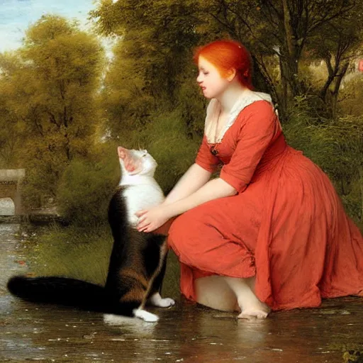 Prompt: A photorealistic painting of a redheaded woman petting a cat by a river in the style of Eugene de Blaas