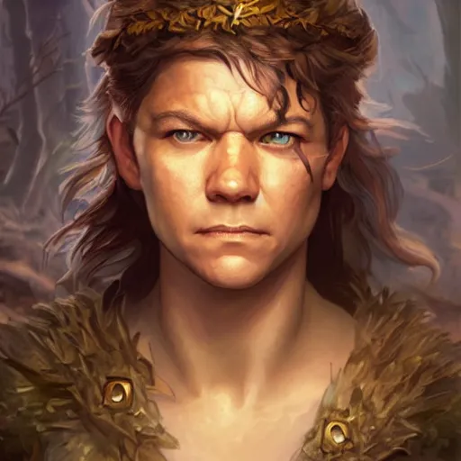 Prompt: dnd character concept portrait, human druid like matt damon, detailed, high quality, dynamic lighting, fantasy, artwork by artgerm, wlop, alex ross, greg rutknowski, alphonse mucha