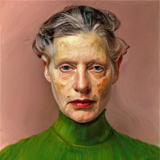 Image similar to high quality high detail painting by lucian freud, hd, green hair woman portrait, photorealistic lighting