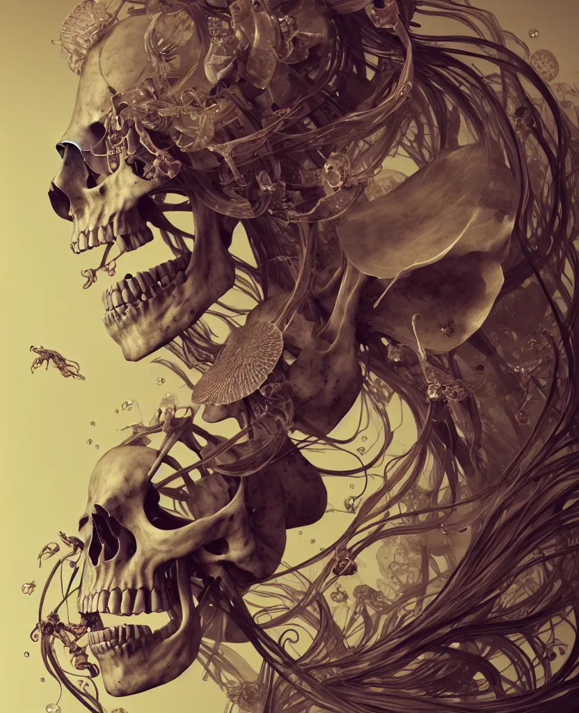 Prompt: goddess close-up portrait human skeleton, ram skull, skeleton, thorax, x-ray, backbone, jellyfish phoenix head, nautilus, orchid, skull, betta fish, bioluminiscent creatures, intricate artwork by Tooth Wu and wlop and beeple. octane render, trending on artstation, greg rutkowski very coherent symmetrical artwork. cinematic, hyper realism, high detail, octane render, 8k