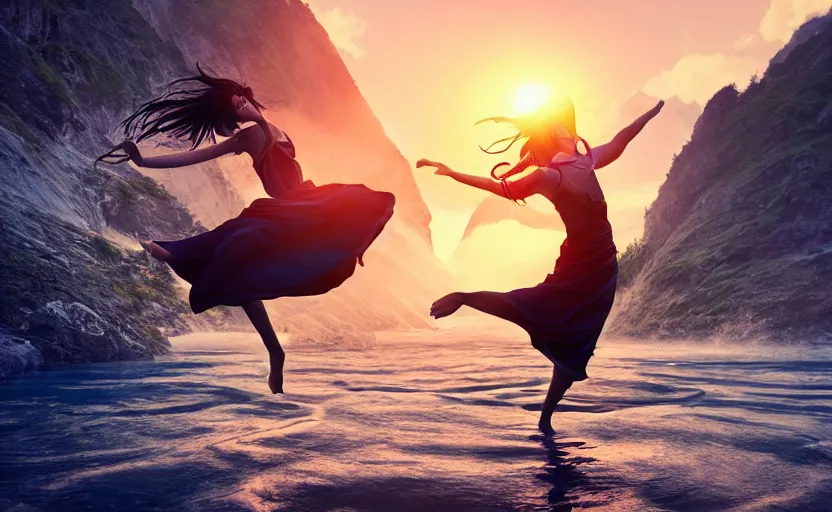 Prompt: Himalayan mage dancing on water, beautiful flowing fabric, sunset, dramatic angle, dynamic pose, 8k hdr pixiv dslr photo by Makoto Shinkai ilya kuvshinov and Wojtek Fus