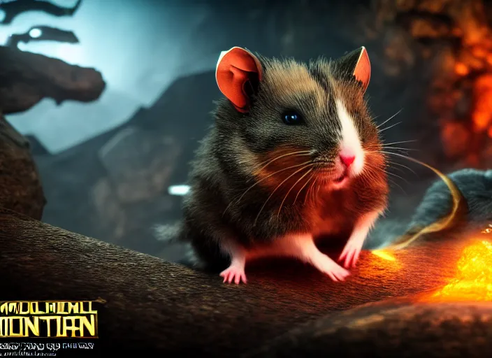 Image similar to hamster fights a cat in mortal kombat at a volcano with shao khan cheering in the background. fantasy magic style. highly detailed 8 k. intricate. lifelike. soft light. sony a 7 r iv 5 5 mm. unreal engine with nanite and path tracing