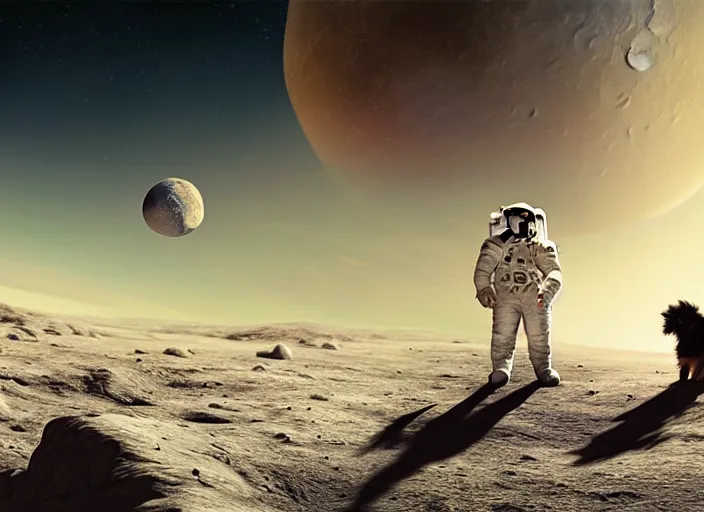 Prompt: one astronaut with his daughter and their yorkshire terrier on the moon, beautiful dynamic lighting, cinematic, wide angle establishing shot, extremely high detail, photo realistic, cinematic lighting, post processed, concept art, artstation, matte painting, style by frederic church, raphael lacoste, unreal engine 8 k