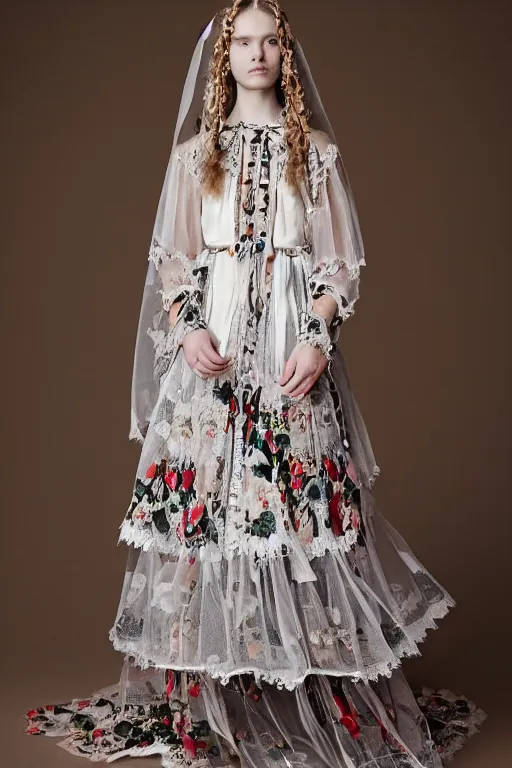 Image similar to hungarian folk costume made by valentino resort ss 2 0 1 6, sheer layered floral dress, chain jewelry, coin veil, cute young model portrait