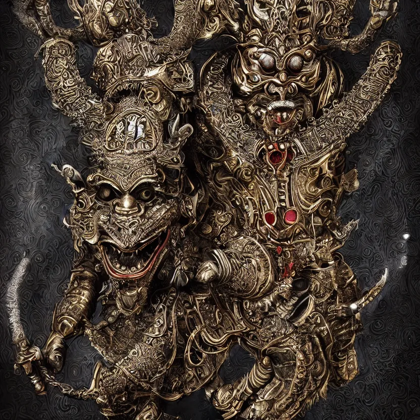 Image similar to highly detailed 3 d art depicting barong, the balinese demon in a retrofuturistic style. reflective metal, detailed textures, smooth lighting. dark background.