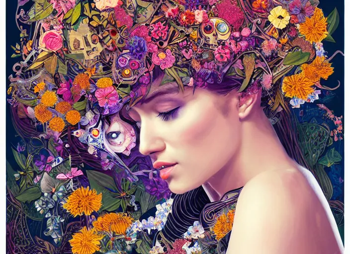 Image similar to a painting of a beautiful cyborg girl with a lot of flowers, blueberries and exotic plants on its head, poster art by android jones, behance contest winner, generative line art, made of flowers, grotesque, concert poster