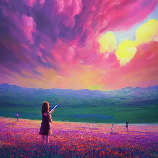 Image similar to girl with a flower face, surreal photography, standing in flower field, in a valley, sunrise dramatic light, impressionistic painting, colorful clouds, artstation, dali, simon stalenhag