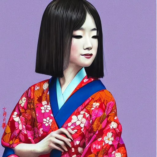 Image similar to centered portrait of beautiful Kawai Japanese girl in kimono holding an umbrella, hyperdetailed, digital painting, trending on CG society