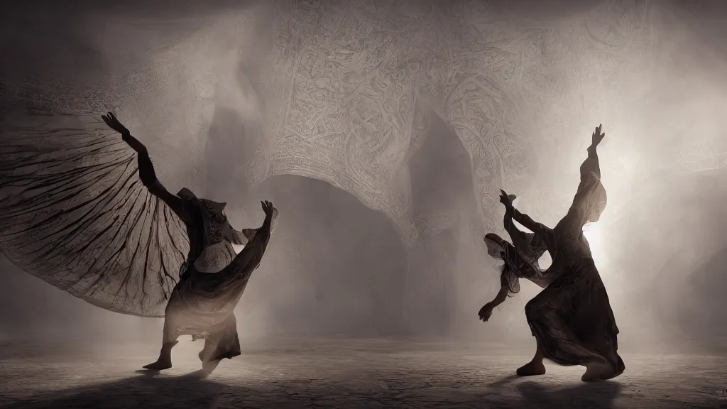 Prompt: tyrkisk sufi dance, sufi, arabic words, bysintine, gothic, 4 k, smokey, michael whelan, peter mohrbache, giovanni paolo panini style epic, volumetric light, insanely detailed, realistic, 8 k, unreal engine render, artstation trends, hyper detail, epic art style, cinematic, concept art, soft white gold lights