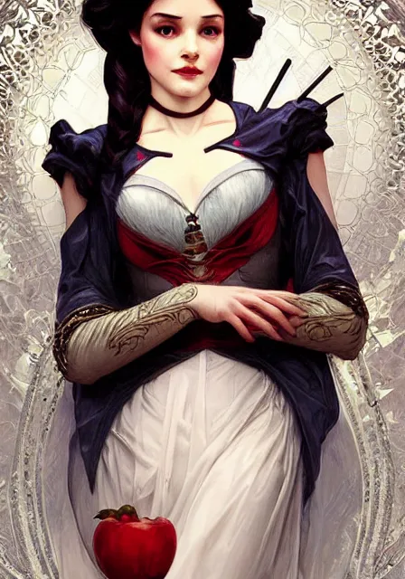 Image similar to snow white and evil queen, intricate, elegant, highly detailed, digital painting, artstation, concept art, smooth, sharp focus, illustration, art by artgerm and greg rutkowski and alphonse mucha and william - adolphe bouguereau