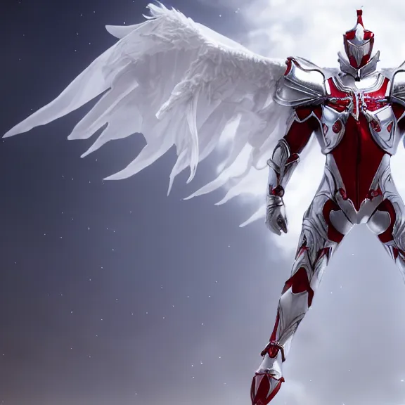 Image similar to cinematic full body shot of a male angel flying, white metallic armor, red cape, elegant pose, detailed arms, detailed white armor, two arms, two legs, detailed fanart, macro art, realistic digital art, DeviantArt, artstation, 3D realistic, 8k HD, octane render