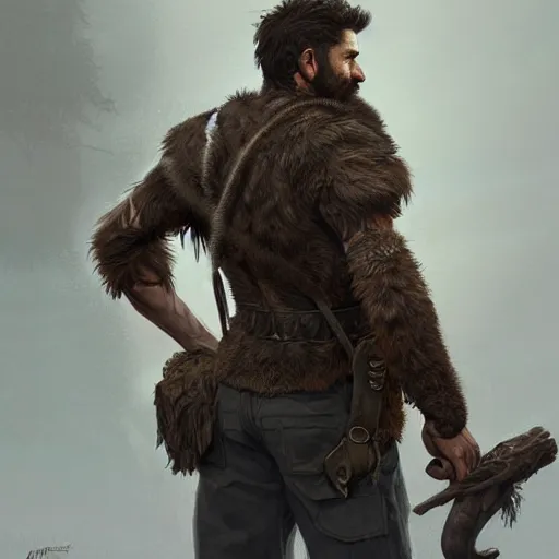 Prompt: back portrait of a rugged ranger, full body, hairy, D&D, fantasy, intricate, elegant, highly detailed, digital painting, artstation, concept art, matte, sharp focus, illustration, art by Artgerm and Greg Rutkowski and Alphonse Mucha