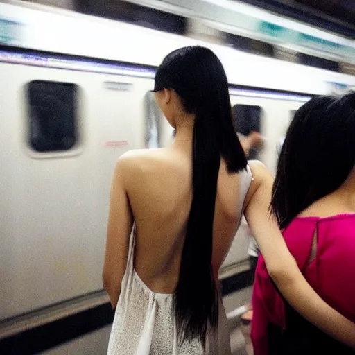 Prompt: a beautiful asian girl with backless dress in a crowded subway train