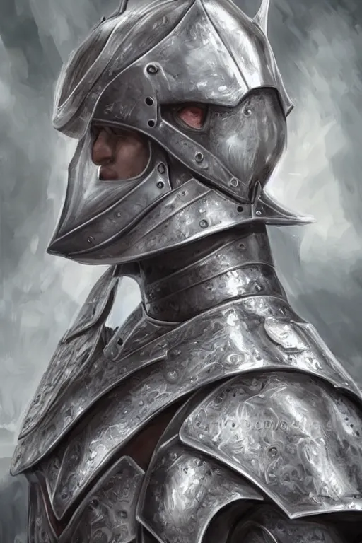 Image similar to a blonde male teenager wearing a silver plate armor, digital painting, digital art, oil painting, masterpiece, realistic and detailed face, profile picture, realistic, highly detailed, high quality, symmetrical, low contrast, trending on deviantart, soft colors, soft lighting, face portrait, beautiful, elegant, castle in the background, bokeh, artgem style