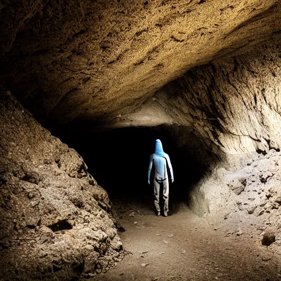 Image similar to portrait of a humanoid alien walking trough a beautiful cave, rotateZ(1deg)